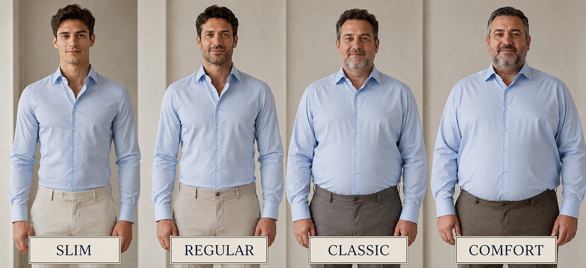 Comparaison des coupes Slim, Regular, Classic et Comfort de chemises homme